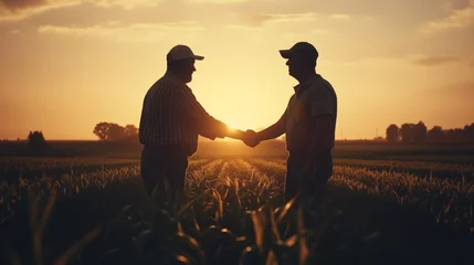 Deurstickers Two farmers shaking hands in corn field © Amonthep
