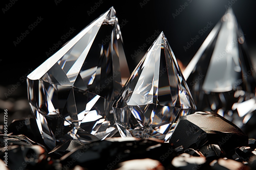 Poster a group of diamond like objects sitting on top of a pile of other crystal objects on top of a pile o