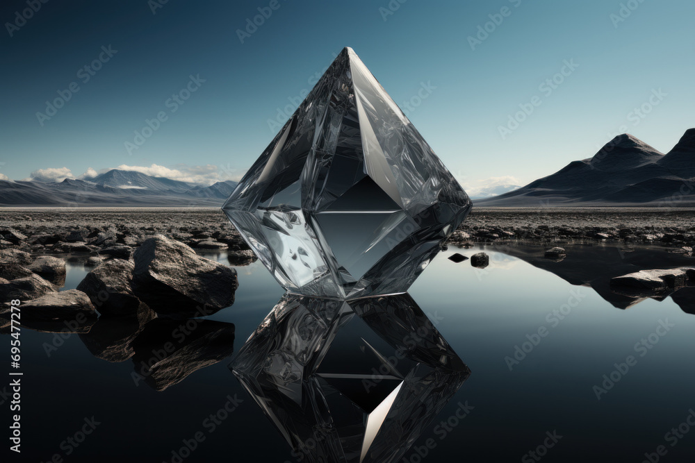 Aufkleber a large crystal object sitting in the middle of a body of water with mountains in the background and