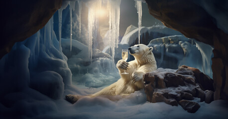 Polar Bear Sipping Champagne in Arctic Cave with Icicles - obrazy, fototapety, plakaty