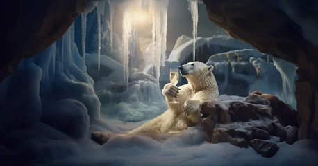 Foto op Canvas Polar Bear Sipping Champagne in Arctic Cave with Icicles © Visionarily
