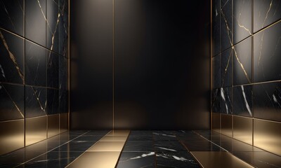 3d minimalist art. Golden lines, marble squares, black in light dark brown textured background, Generative AI