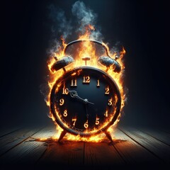 Clock on fire with smoke, burning time, late alarm warning, urgent or close Deadline punctual alert time concept. Generative AI - obrazy, fototapety, plakaty