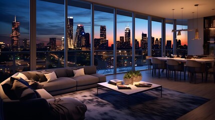 Fototapeta na wymiar Panorama of modern living room with night city view. 3d rendering