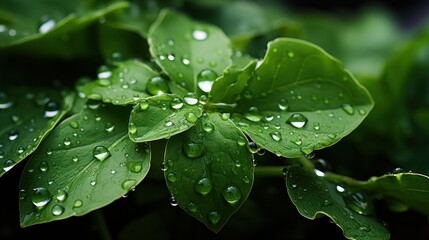  a close up of a green plant with water droplets on it's leaves and leaves on the other side of the picture are green leaves with water droplets on them.