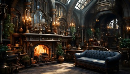 A panoramic shot of the interior of a church with a fireplace