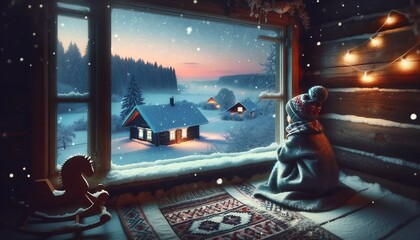 A captivating winter dusk scene with a child lost in the beauty of the snowy evening. The child,...