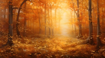 Beautiful autumn forest landscape with fog and sun rays - panorama