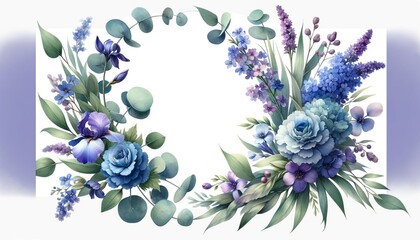 A watercolor illustration of a floral bouquet featuring blue and purple flowers eucalyptus greenery. The bouquet includes delicate bluebells