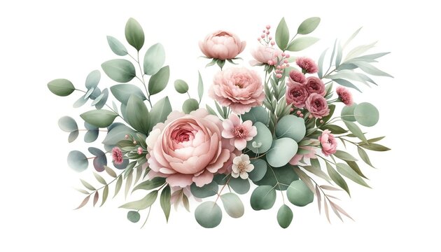 A watercolor illustration of a floral bouquet featuring pink flowers and eucalyptus greenery. The bouquet includes dusty roses and soft light blush