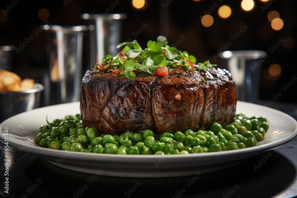 Poster a close up of a plate of food with peas and broccoli on a table with other plates of food and utensi