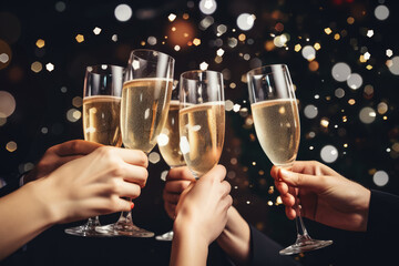 Clinking glasses of champagne in hands at New Year party.
