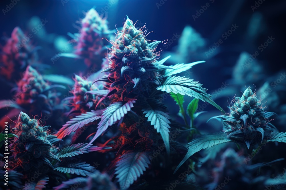 Poster a close up of a bunch of plants in a field with a bright light in the background of the picture and 