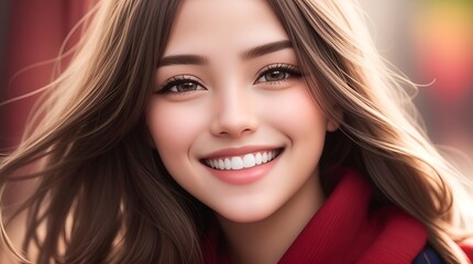 Fototapeta premium A stunning young woman with flowing brown hair.