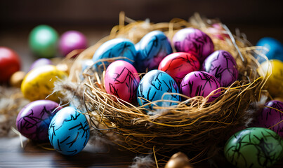 Fototapeta na wymiar Vibrantly Painted Easter Eggs in a Rustic Nest