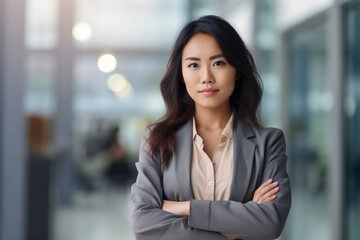 Attractive manager asian businesswoman CEO confident standing in front of modern office. - obrazy, fototapety, plakaty