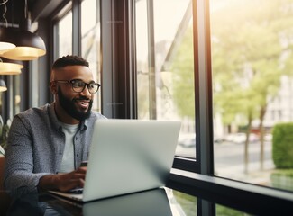 man smiling in window on laptop in office stock photo,