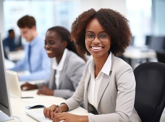 happy businesswoman working on laptop in office with colleagues 
