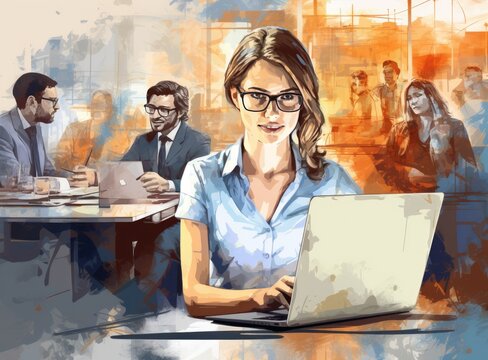 happy businesswoman working on laptop in office with colleagues 
