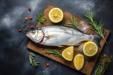 Fresh fish dorado. Dorado and ingredients for cooking at grey slate table. copy space
