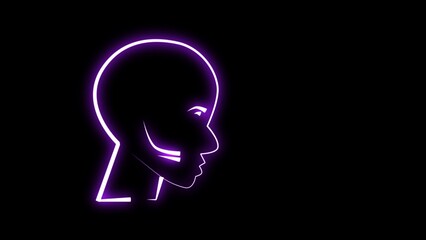 Human neon head icon. Concepts of human anatomy and science. Human head symbol. Left neon human head with icon on black background. neon sign of migraine,