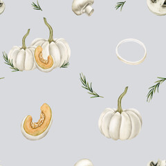 Watercolor seamless pattern with white pumpkins, mushrooms, onion rings and rosemary on light grey blue background