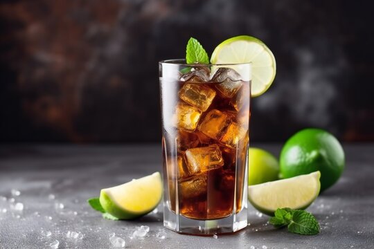 Cuba Libre alcoholic cocktail. Cuba Libre in a glass with brown rum, cola, mint and lemon