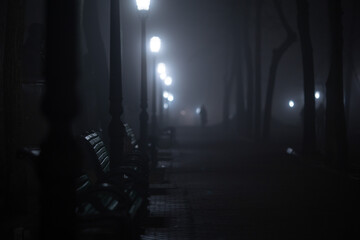 Night life on a rainy road in a city park with lanterns, monuments and trees. Dark romantic of a...