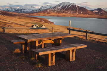 Chairs and Tables for tourists to stop for relaxing along the road trip. Open air table for...
