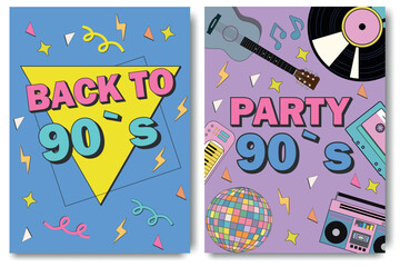 Party 90`s banner. 90's graphic design template. Poster templates with happy nineties symbols, neo brutalism, gamepad and devices, headphones and other retro pop culture signs