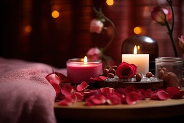  a couple of candles sitting on top of a table next to a vase with flowers on it and a candle in the middle of the table with pink petals on the table.