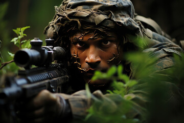 Close-up of military soldier man in camouflage uniform with sniper rifle sitting in ambush in forest
