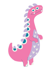 Cute bright dinosaur smiles. Ancient animal in cartoon style isolated on white background. decoration of children's room, objects and textiles. vector illustration. Hand drawing.