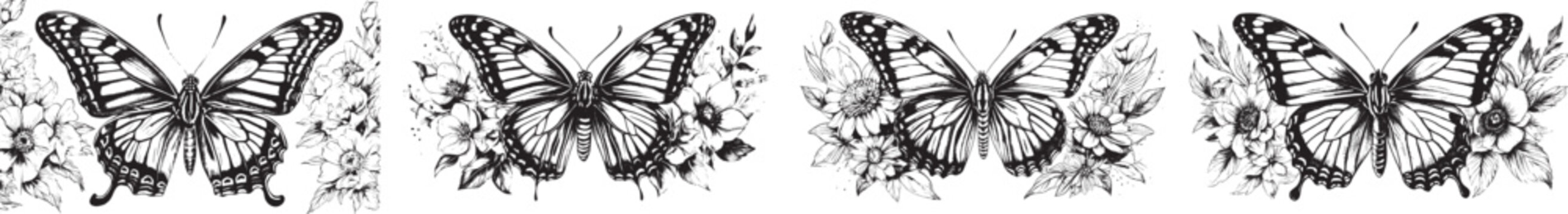 Monarch butterfly with flower silhouettes collection vector illustration isolated on white background.