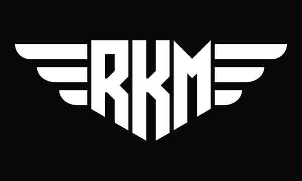 RKM three letter logo, creative wings shape logo design vector template. letter mark, wordmark, monogram symbol on black & white.	