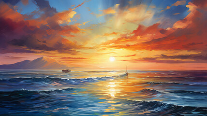 An amazing sea sunset, painting the sky in warm hues, with the tranquil waters reflecting the vibrant colors of the setting sun, creating a breathtaking nature landscape captured in high definition.