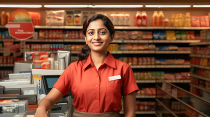 Young and confident female cashier standing at supermarket.