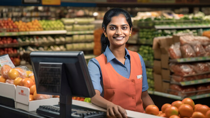 Young and confident female cashier standing at supermarket.