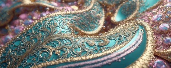 a close up of a blue and gold mask