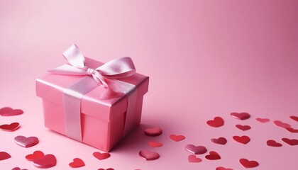 gift box with ribbon and bow on pink background with heart shaped confetti.