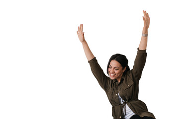 Celebrating  home young woman in white t-shirt and khaki shirt against transparent background...