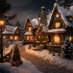 Winter night in a small village. Christmas and New Year theme.