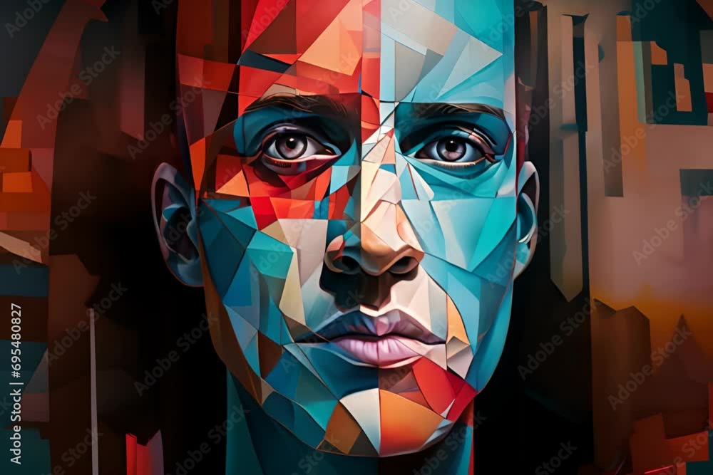 Poster An abstract representation of a person's face fragmented into geometric shapes, exploring the complexity of identity. 