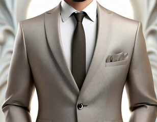 Detail of an elegant man wearing a gray suit and black tie with a white shirt and black handkerchief. Tailored accessories for formal suits. Classy groom or sophisticated businessman.