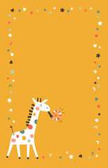 A cheerful giraffe blows a blower. A cute festive cartoon character in a simple childish hand-drawn style. Vector template with confetti frame.