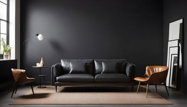 modern-living-room-with-leather-sofa,-black-walls