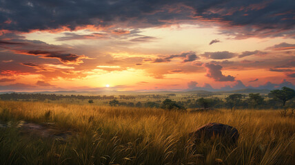 Close-up view capturing the delightful details of a breathtaking sunrise over the savanna and grass fields