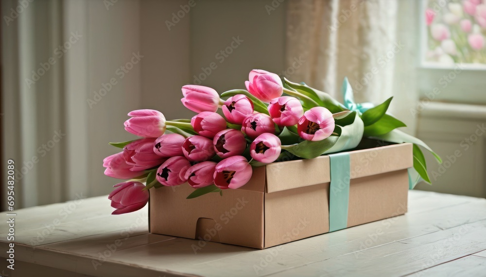Aufkleber a bouquet of pink tulips sits in a box on a table in front of a window with curtains.