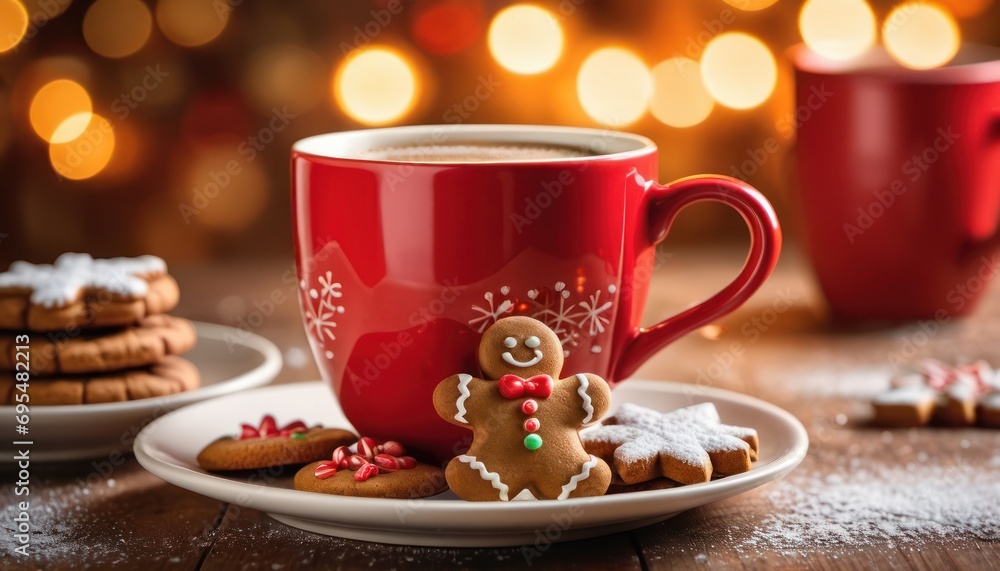 Poster a close up of a cup of coffee and a plate of cookies on a table with lights in the background.