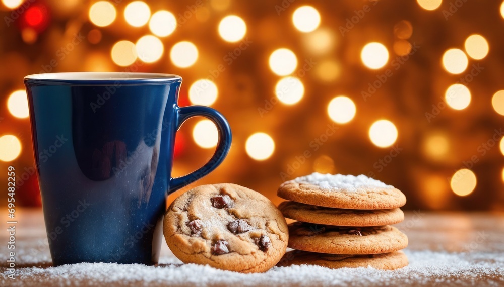 Poster a cup of coffee next to a stack of cookies and a stack of cookies on a table with lights in the back